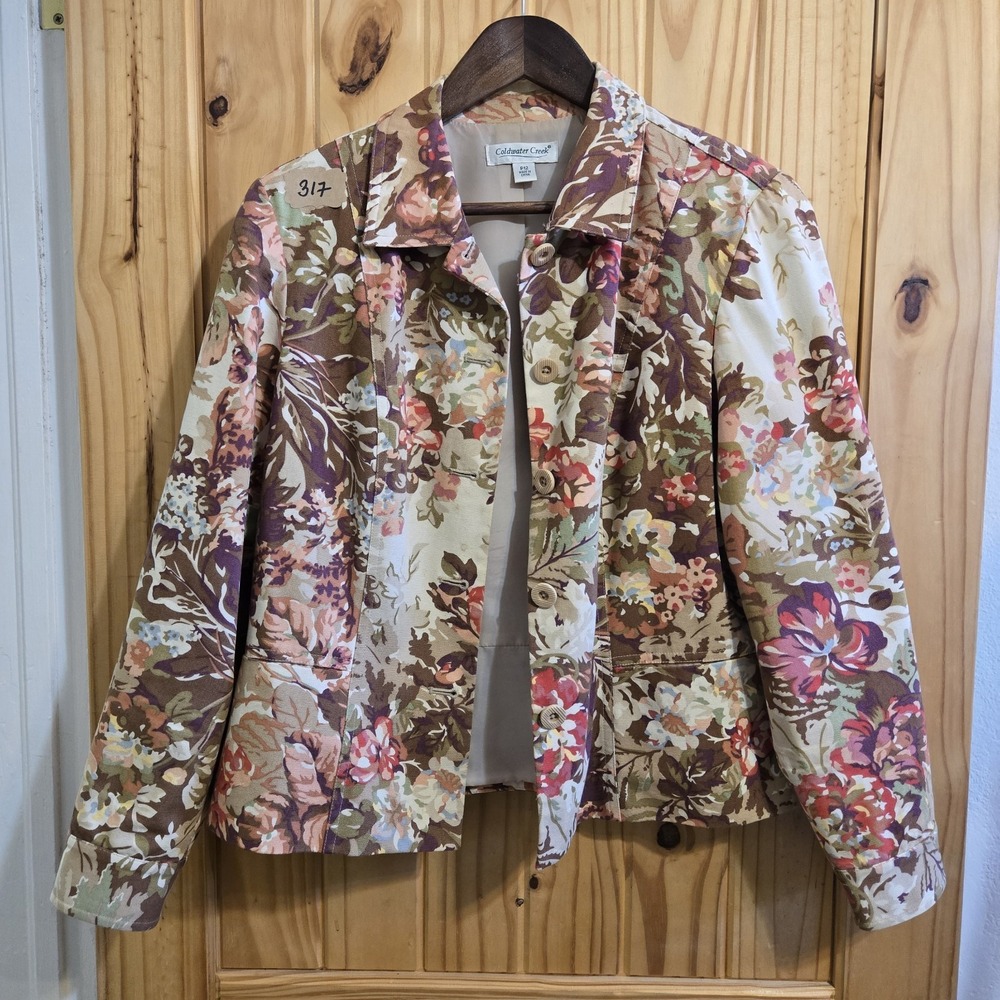 Coldwater Creek Floral Canvas Blazer Jacket Earth Tone Petite 12 P12 ButtonFront